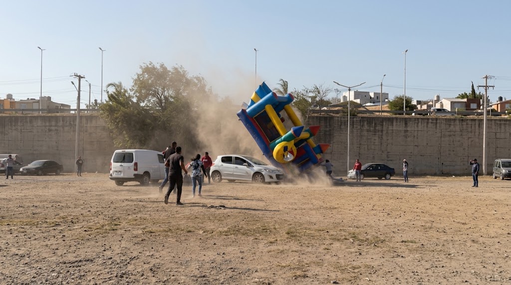 Viento derrumba tobogán inflable durante festejo infantil en Argentina
